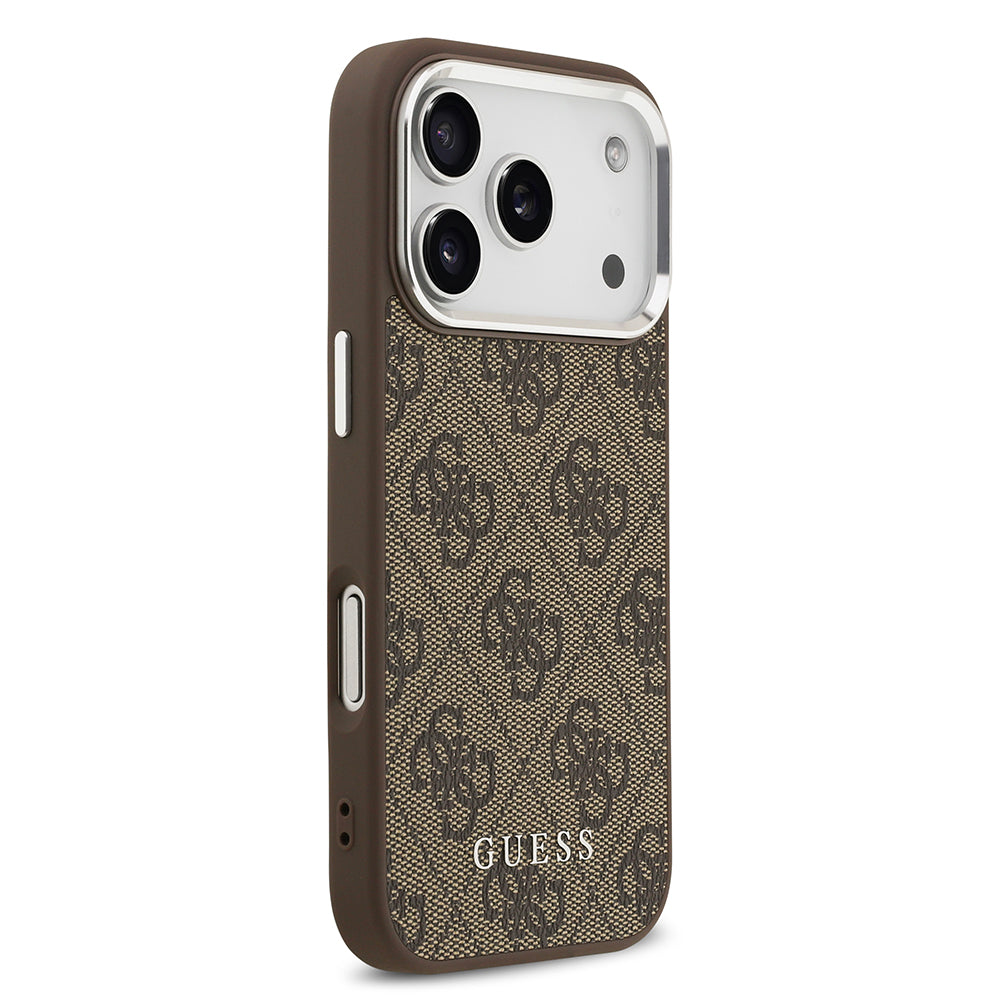 Apple iPhone 17 Pro Max Kılıf Guess M-safe Şarj Özellikli Gümüş Çerçeve ve Butonlu Klasik Yazı Logolu Kapak Kahverengi