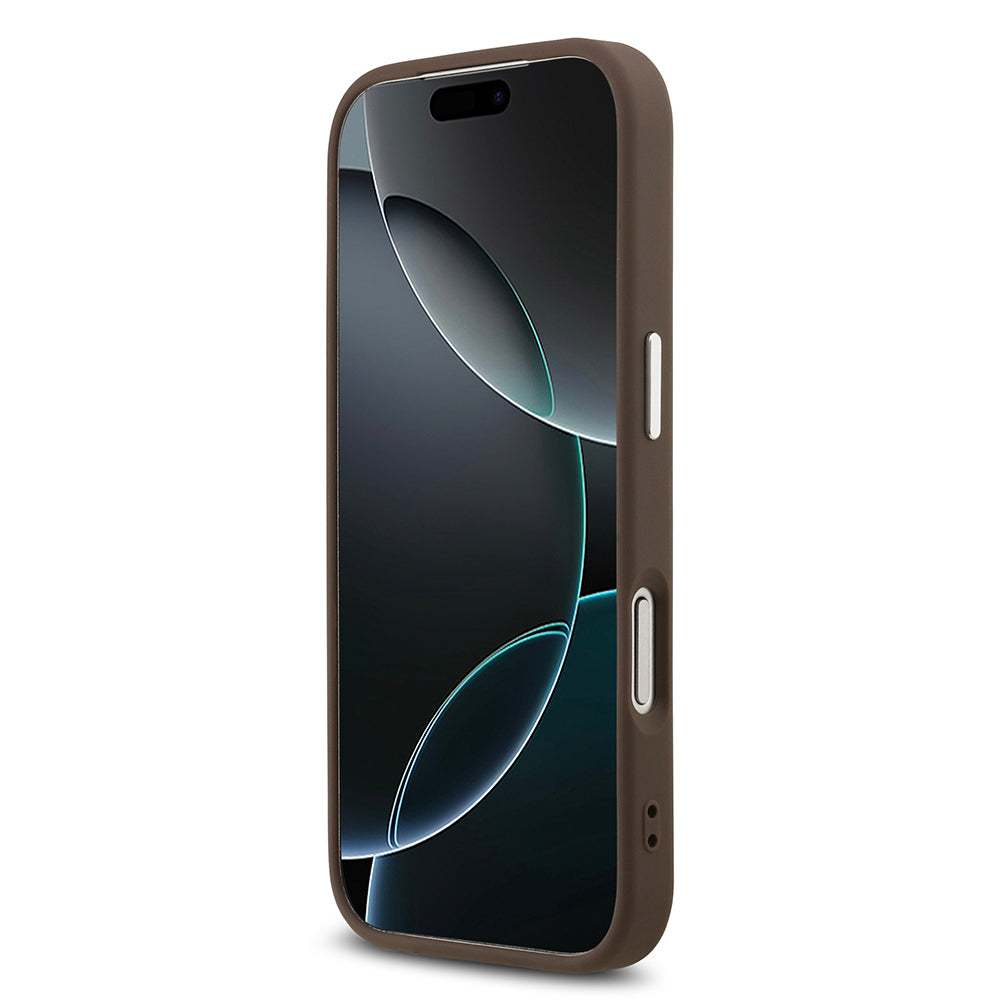 Apple iPhone 17 Pro Max Kılıf Guess M-safe Şarj Özellikli Gümüş Çerçeve ve Butonlu Klasik Yazı Logolu Kapak Kahverengi