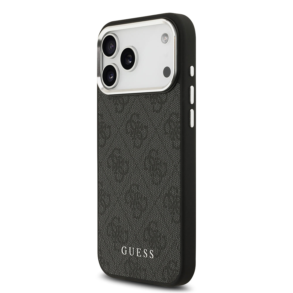 Apple iPhone 17 Pro Max Kılıf Guess M-safe Şarj Özellikli Gümüş Çerçeve ve Butonlu Klasik Yazı Logolu Kapak Siyah