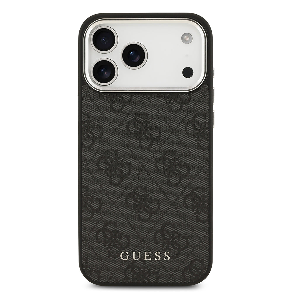 Apple iPhone 17 Pro Max Kılıf Guess M-safe Şarj Özellikli Gümüş Çerçeve ve Butonlu Klasik Yazı Logolu Kapak Siyah
