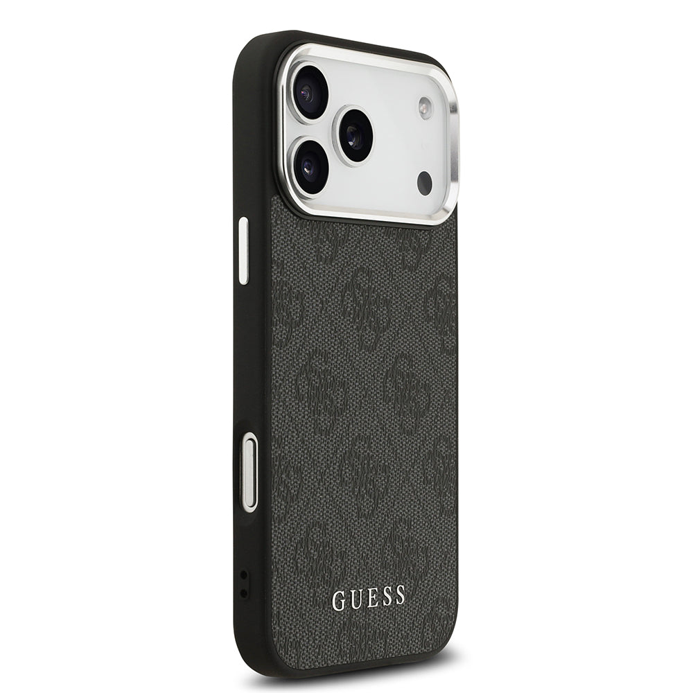 Apple iPhone 17 Pro Max Kılıf Guess M-safe Şarj Özellikli Gümüş Çerçeve ve Butonlu Klasik Yazı Logolu Kapak Siyah