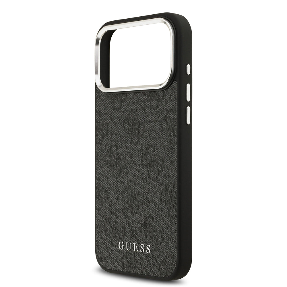 Apple iPhone 17 Pro Max Kılıf Guess M-safe Şarj Özellikli Gümüş Çerçeve ve Butonlu Klasik Yazı Logolu Kapak Siyah