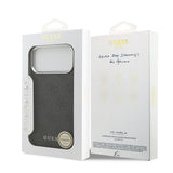 Apple iPhone 17 Pro Max Kılıf Guess M-safe Şarj Özellikli Gümüş Çerçeve ve Butonlu Klasik Yazı Logolu Kapak Siyah