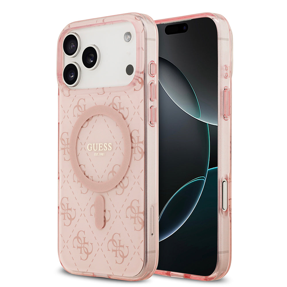 Apple iPhone 17 Pro Max Kılıf Guess M-safe Şarj Özellikli IML Baskılı Klasik Logolu 4G Desenli Kapak Pembe