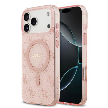 Apple iPhone 17 Pro Max Kılıf Guess M-safe Şarj Özellikli IML Baskılı Klasik Logolu 4G Desenli Kapak Pembe