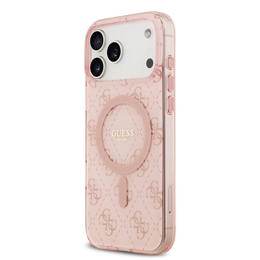 Apple iPhone 17 Pro Max Kılıf Guess M-safe Şarj Özellikli IML Baskılı Klasik Logolu 4G Desenli Kapak Pembe