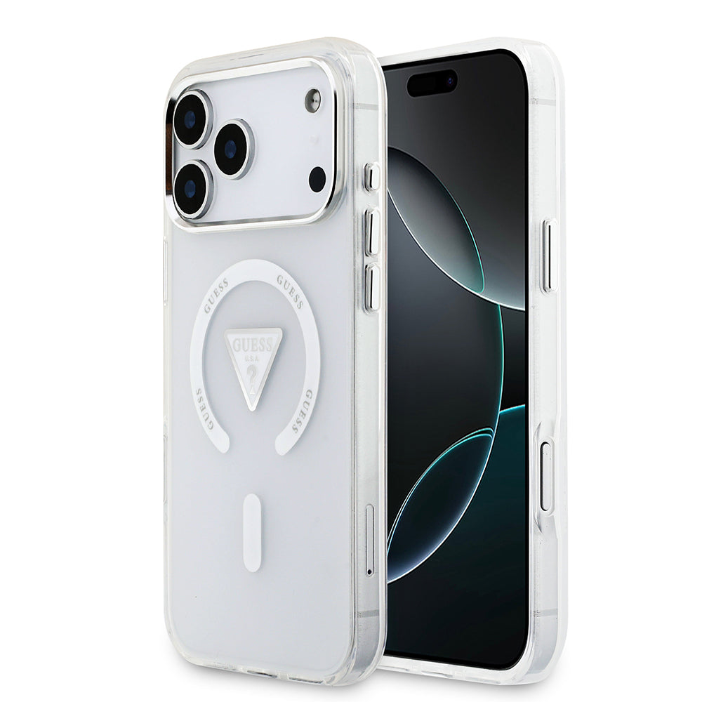 Apple iPhone 17 Pro Max Kılıf Guess M-safe Şarj Özellikli IML Baskılı Üçgen Logolu Metal Kamera Çerçeveli Transparan Kapak Şeffaf