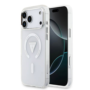 Apple iPhone 17 Pro Max Kılıf Guess M-safe Şarj Özellikli IML Baskılı Üçgen Logolu Metal Kamera Çerçeveli Transparan Kapak Şeffaf