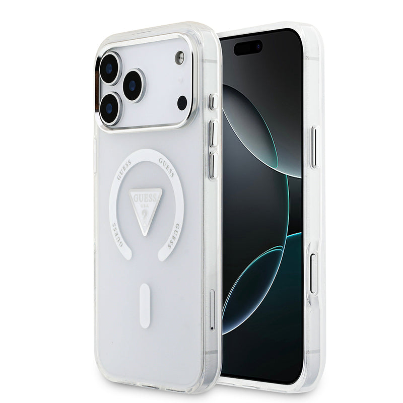 Apple iPhone 17 Pro Max Kılıf Guess M-safe Şarj Özellikli IML Baskılı Üçgen Logolu Metal Kamera Çerçeveli Transparan Kapak Şeffaf