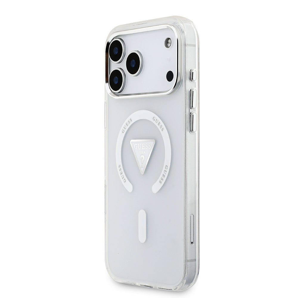 Apple iPhone 17 Pro Max Kılıf Guess M-safe Şarj Özellikli IML Baskılı Üçgen Logolu Metal Kamera Çerçeveli Transparan Kapak Şeffaf