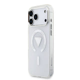 Apple iPhone 17 Pro Max Kılıf Guess M-safe Şarj Özellikli IML Baskılı Üçgen Logolu Metal Kamera Çerçeveli Transparan Kapak Şeffaf