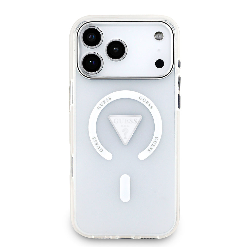 Apple iPhone 17 Pro Max Kılıf Guess M-safe Şarj Özellikli IML Baskılı Üçgen Logolu Metal Kamera Çerçeveli Transparan Kapak Şeffaf