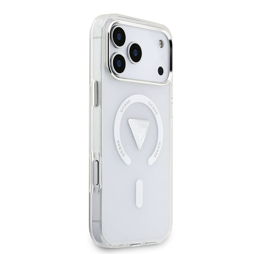 Apple iPhone 17 Pro Max Kılıf Guess M-safe Şarj Özellikli IML Baskılı Üçgen Logolu Metal Kamera Çerçeveli Transparan Kapak Şeffaf