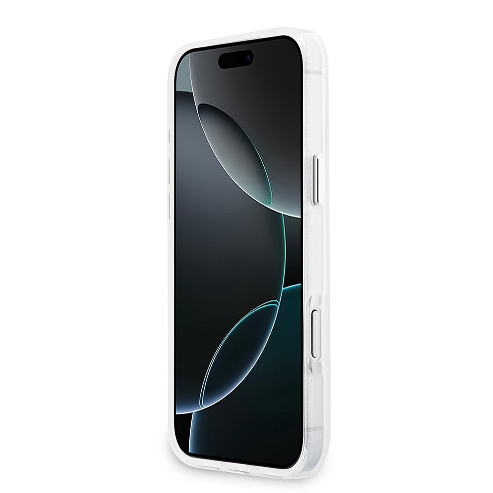 Apple iPhone 17 Pro Max Kılıf Guess M-safe Şarj Özellikli IML Baskılı Üçgen Logolu Metal Kamera Çerçeveli Transparan Kapak Şeffaf