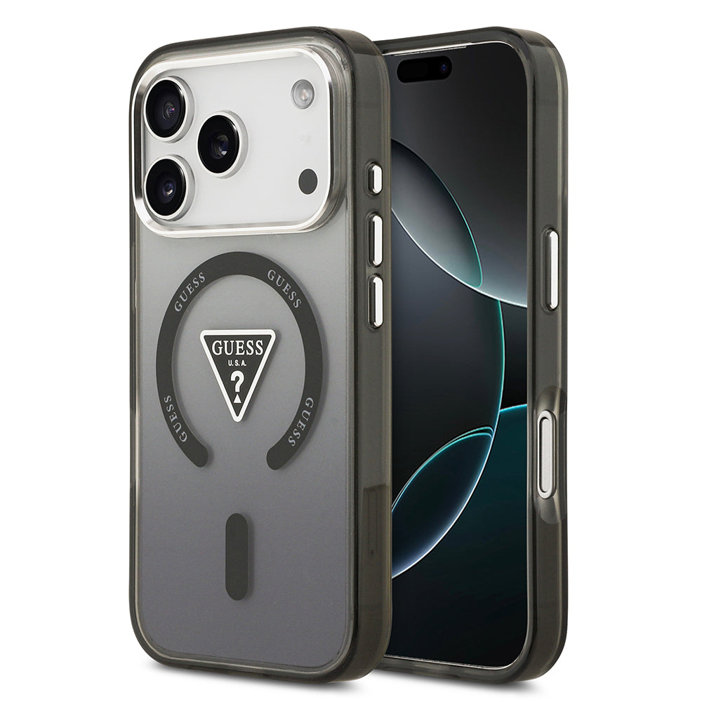 Apple iPhone 17 Pro Max Kılıf Guess M-safe Şarj Özellikli IML Baskılı Üçgen Logolu Metal Kamera Çerçeveli Transparan Kapak Siyah