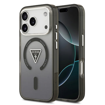 Apple iPhone 17 Pro Max Kılıf Guess M-safe Şarj Özellikli IML Baskılı Üçgen Logolu Metal Kamera Çerçeveli Transparan Kapak Siyah