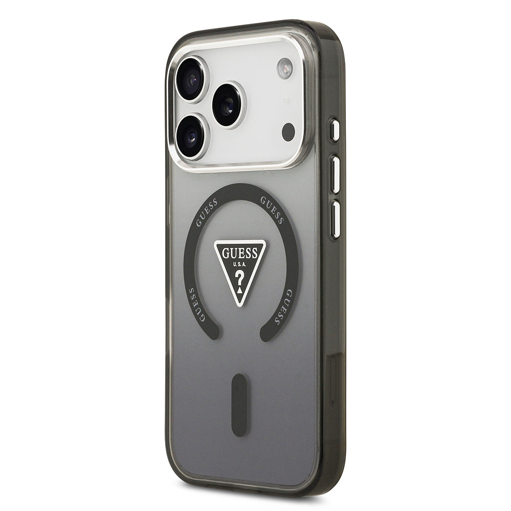 Apple iPhone 17 Pro Max Kılıf Guess M-safe Şarj Özellikli IML Baskılı Üçgen Logolu Metal Kamera Çerçeveli Transparan Kapak Siyah