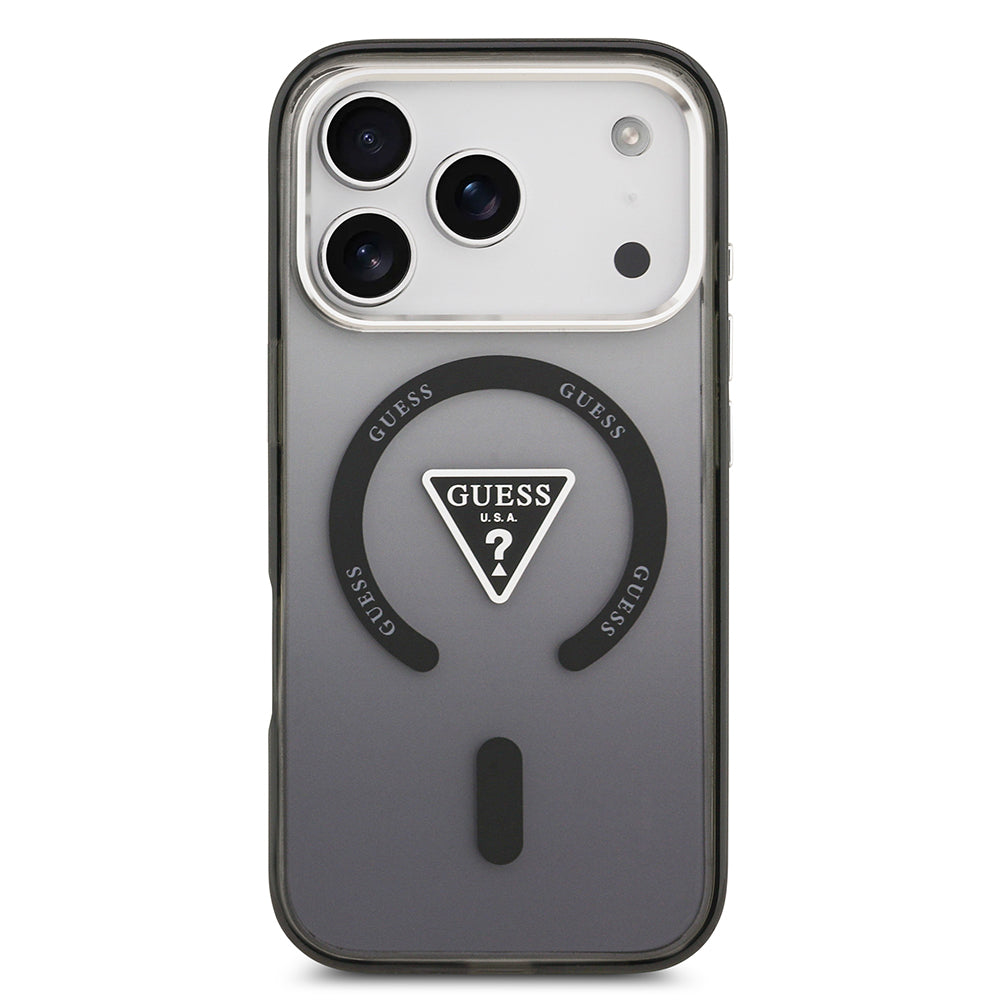 Apple iPhone 17 Pro Max Kılıf Guess M-safe Şarj Özellikli IML Baskılı Üçgen Logolu Metal Kamera Çerçeveli Transparan Kapak Siyah