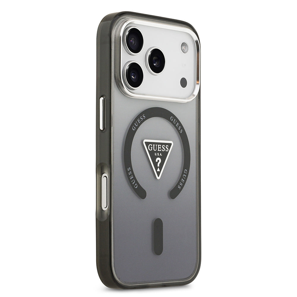 Apple iPhone 17 Pro Max Kılıf Guess M-safe Şarj Özellikli IML Baskılı Üçgen Logolu Metal Kamera Çerçeveli Transparan Kapak Siyah