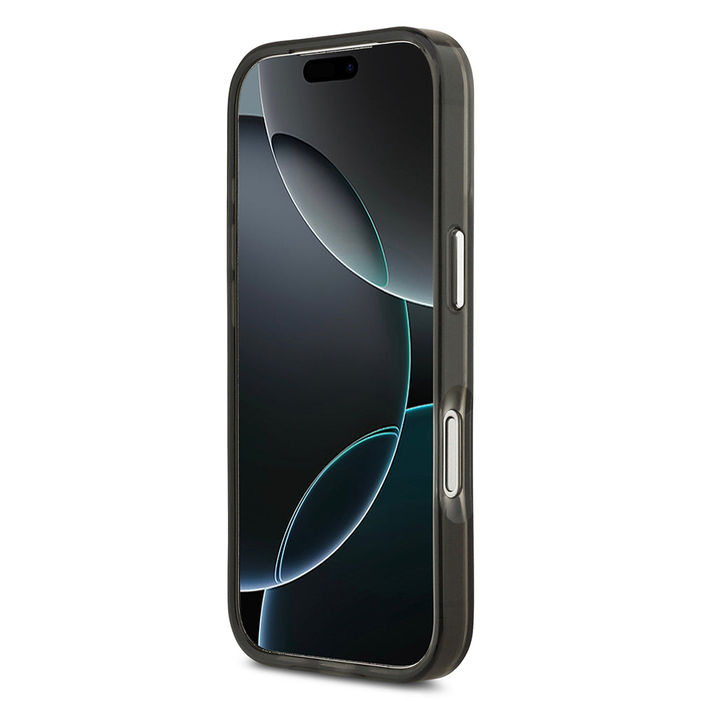 Apple iPhone 17 Pro Max Kılıf Guess M-safe Şarj Özellikli IML Baskılı Üçgen Logolu Metal Kamera Çerçeveli Transparan Kapak Siyah