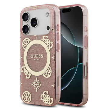 Apple iPhone 17 Pro Max Kılıf Guess M-safe Şarj Özellikli IML Peony ve 4G Desenli Klasik Logolu Kapak Pembe