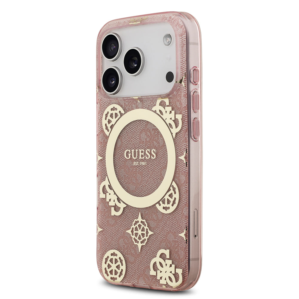 Apple iPhone 17 Pro Max Kılıf Guess M-safe Şarj Özellikli IML Peony ve 4G Desenli Klasik Logolu Kapak Pembe