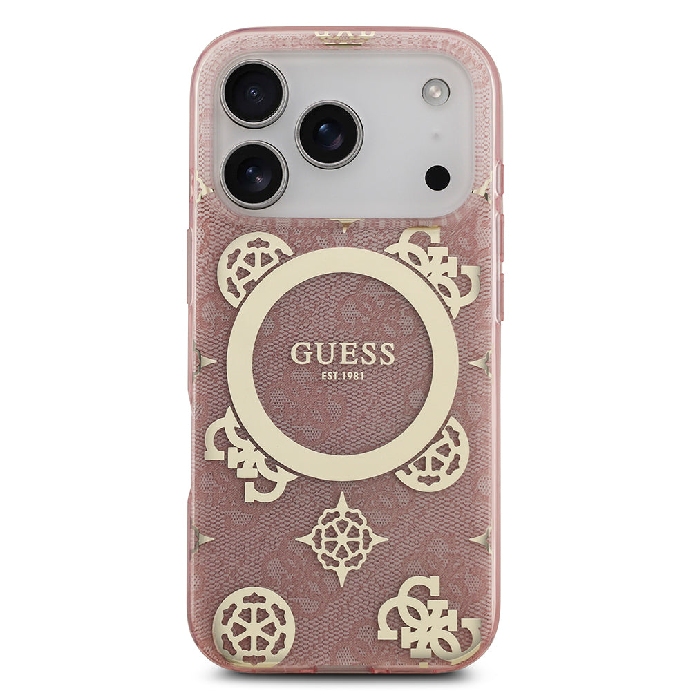 Apple iPhone 17 Pro Max Kılıf Guess M-safe Şarj Özellikli IML Peony ve 4G Desenli Klasik Logolu Kapak Pembe