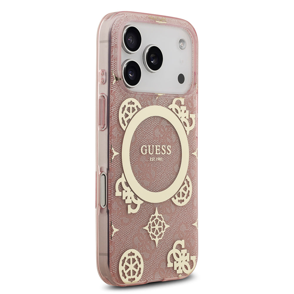 Apple iPhone 17 Pro Max Kılıf Guess M-safe Şarj Özellikli IML Peony ve 4G Desenli Klasik Logolu Kapak Pembe