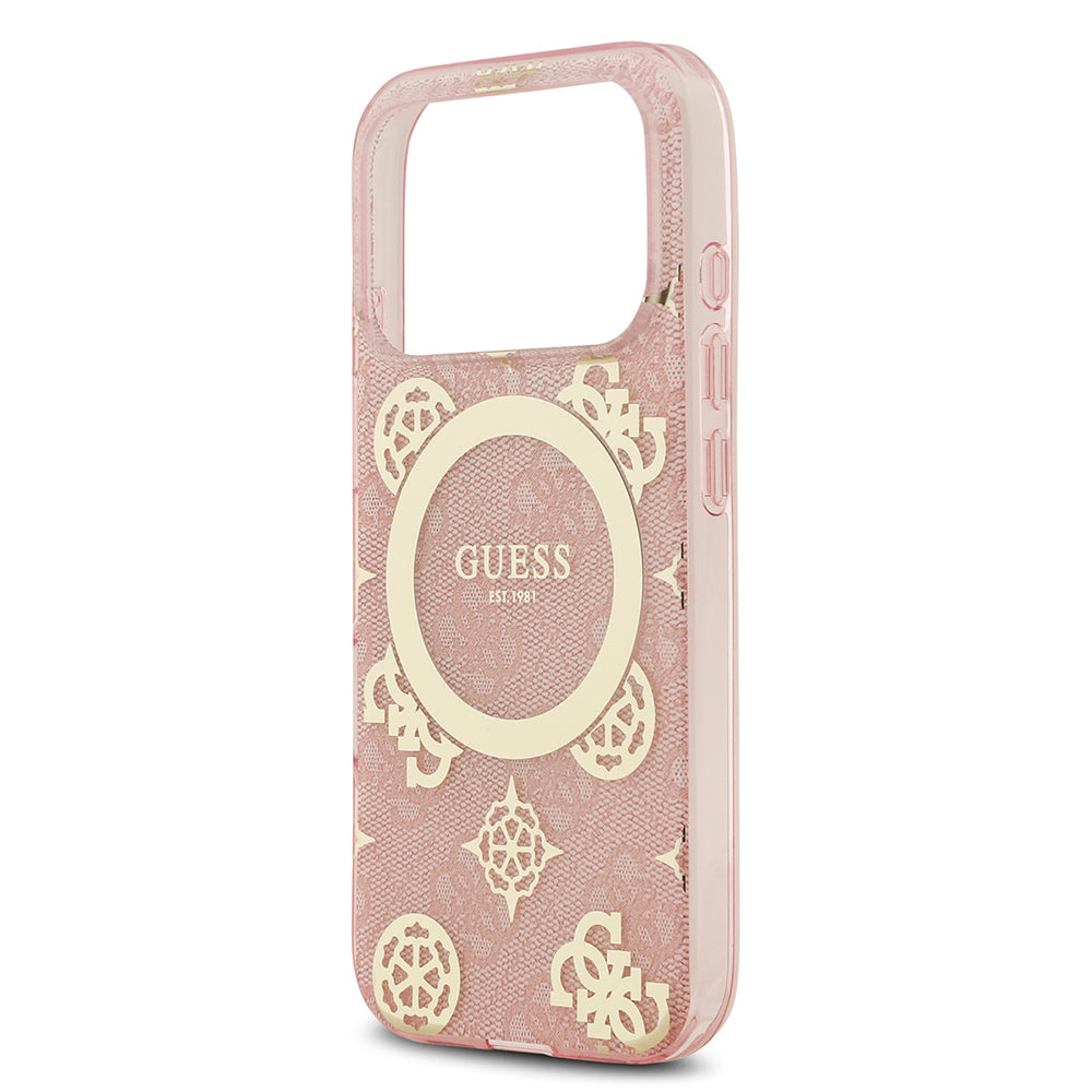 Apple iPhone 17 Pro Max Kılıf Guess M-safe Şarj Özellikli IML Peony ve 4G Desenli Klasik Logolu Kapak Pembe