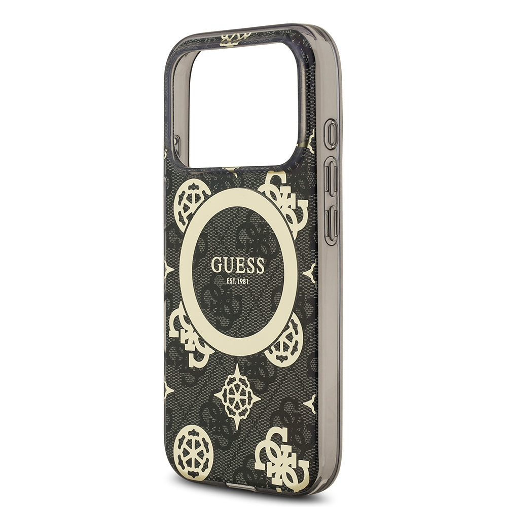 Apple iPhone 17 Pro Max Kılıf Guess M-safe Şarj Özellikli IML Peony ve 4G Desenli Klasik Logolu Kapak Siyah