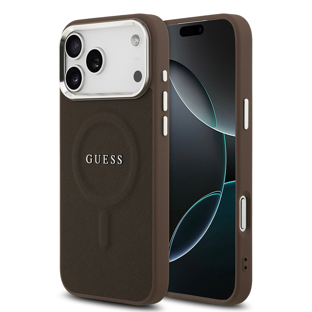 Apple iPhone 17 Pro Max Kılıf Guess M-safe Şarj Özellikli Klasik Yazı Logolu PU Deri Kapak Kahverengi