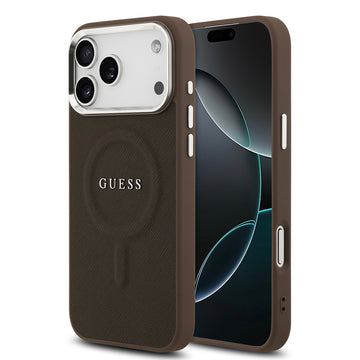 Apple iPhone 17 Pro Max Kılıf Guess M-safe Şarj Özellikli Klasik Yazı Logolu PU Deri Kapak Kahverengi
