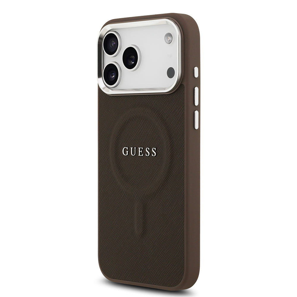 Apple iPhone 17 Pro Max Kılıf Guess M-safe Şarj Özellikli Klasik Yazı Logolu PU Deri Kapak Kahverengi