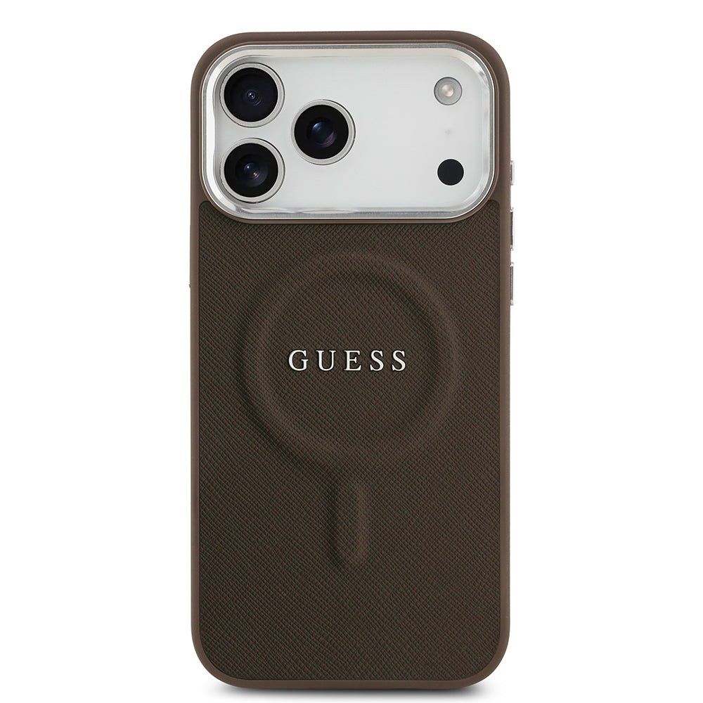 Apple iPhone 17 Pro Max Kılıf Guess M-safe Şarj Özellikli Klasik Yazı Logolu PU Deri Kapak Kahverengi