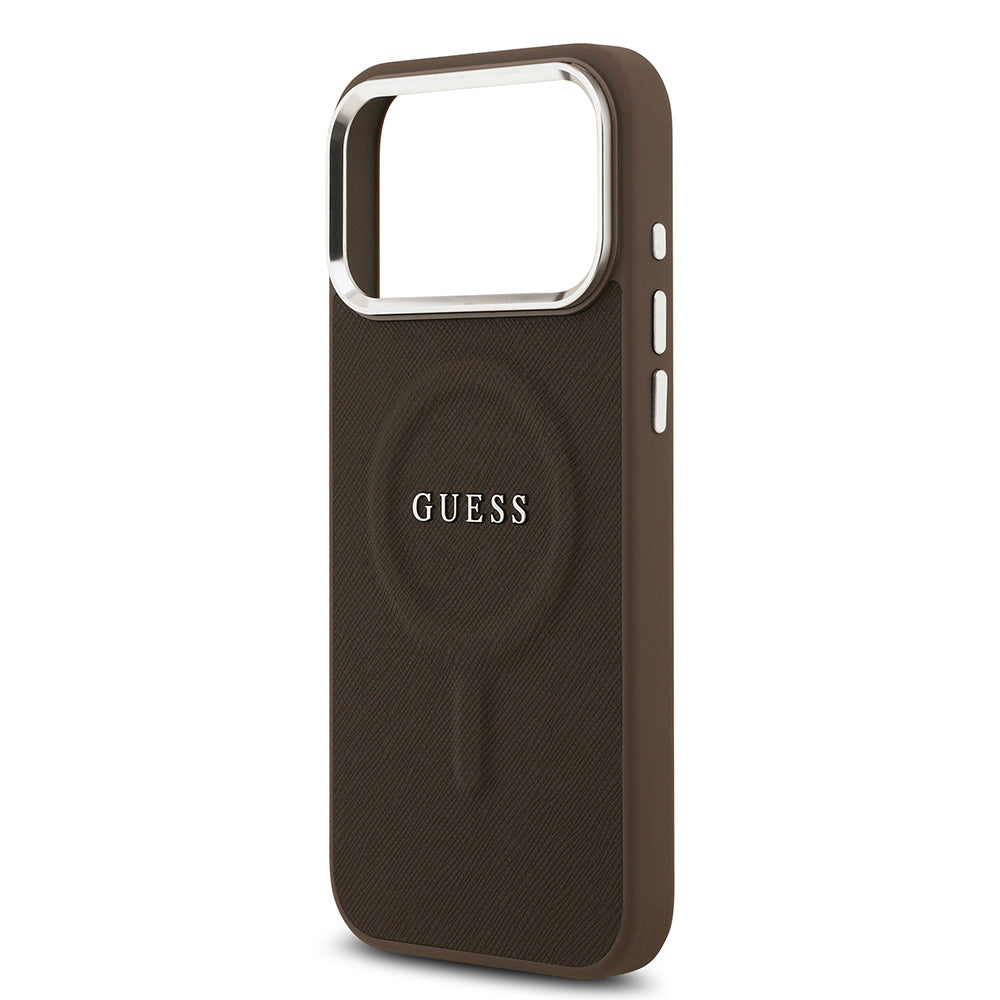 Apple iPhone 17 Pro Max Kılıf Guess M-safe Şarj Özellikli Klasik Yazı Logolu PU Deri Kapak Kahverengi