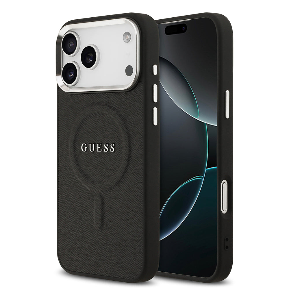 Apple iPhone 17 Pro Max Kılıf Guess M-safe Şarj Özellikli Klasik Yazı Logolu PU Deri Kapak Siyah