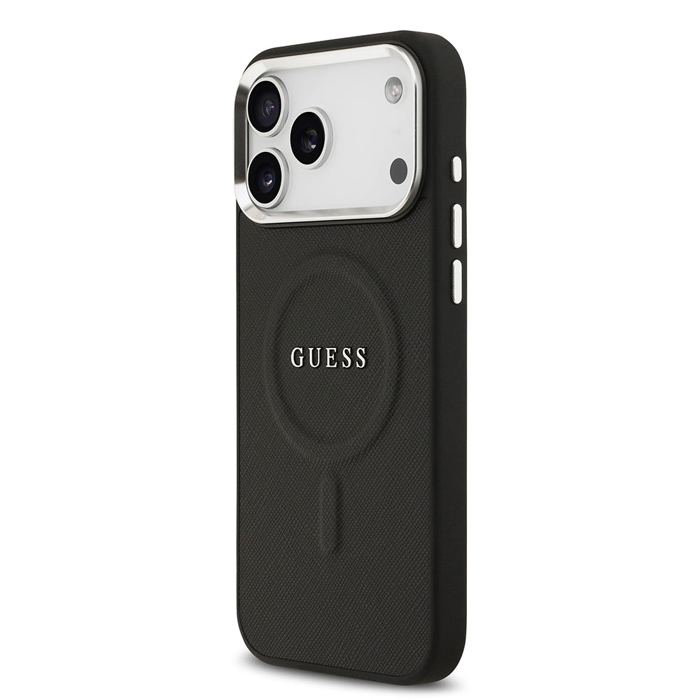 Apple iPhone 17 Pro Max Kılıf Guess M-safe Şarj Özellikli Klasik Yazı Logolu PU Deri Kapak Siyah