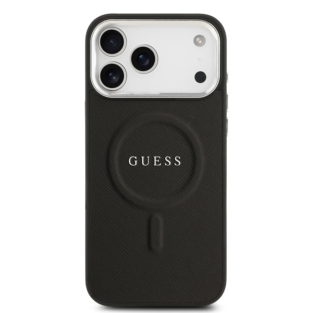 Apple iPhone 17 Pro Max Kılıf Guess M-safe Şarj Özellikli Klasik Yazı Logolu PU Deri Kapak Siyah