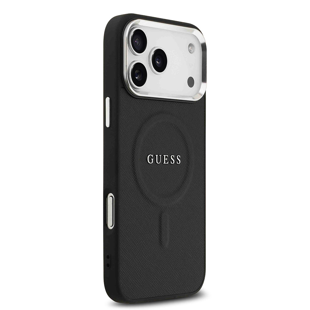 Apple iPhone 17 Pro Max Kılıf Guess M-safe Şarj Özellikli Klasik Yazı Logolu PU Deri Kapak Siyah