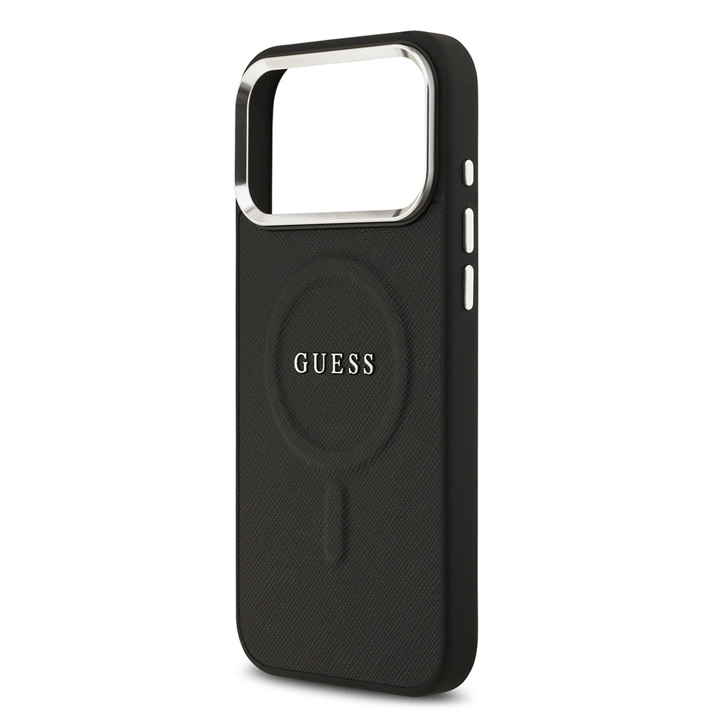 Apple iPhone 17 Pro Max Kılıf Guess M-safe Şarj Özellikli Klasik Yazı Logolu PU Deri Kapak Siyah