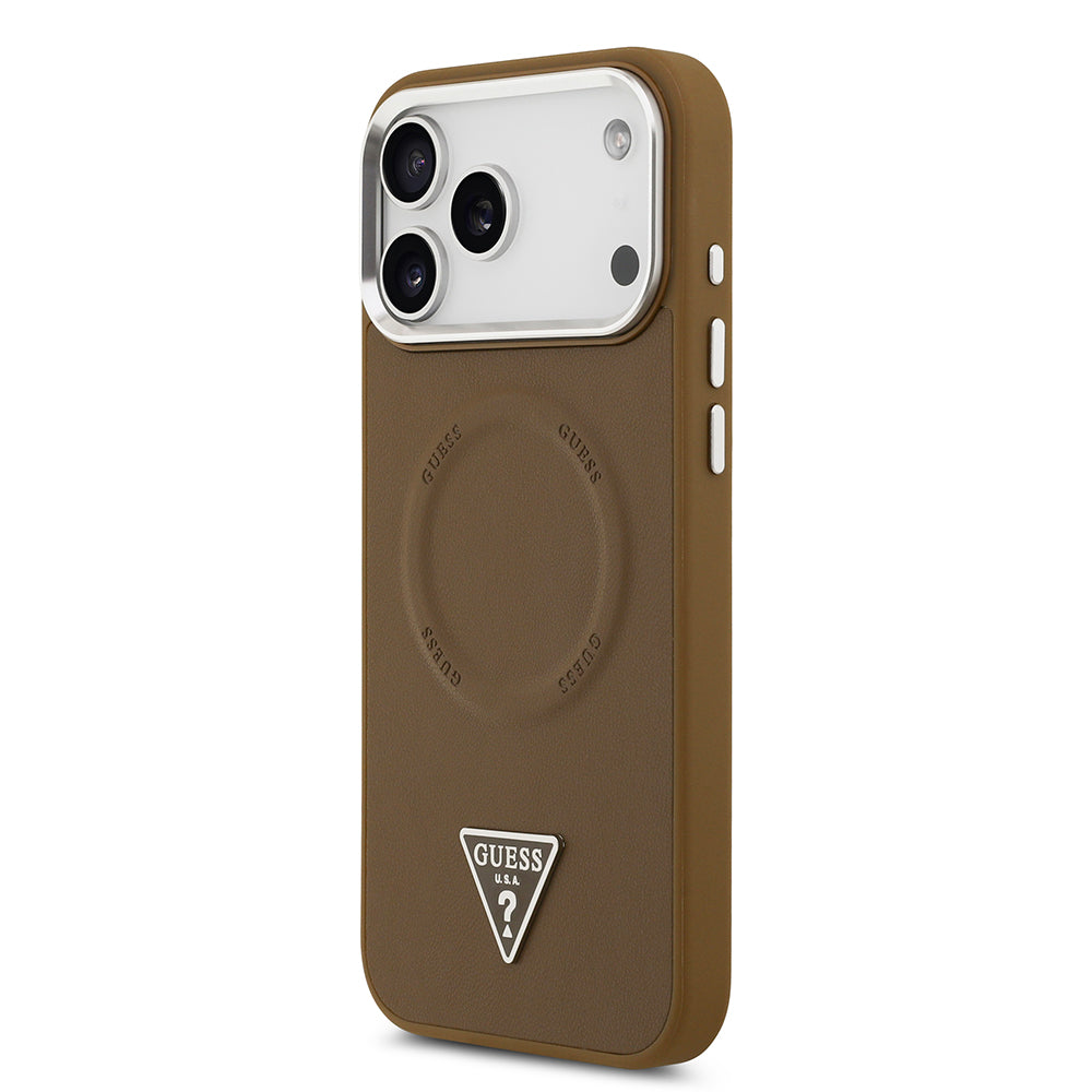 Apple iPhone 17 Pro Max Kılıf Guess M-safe Şarj Özellikli PU Deri Metal Kamera Çerçeveli Üçgen Logolu Kapak Kahverengi