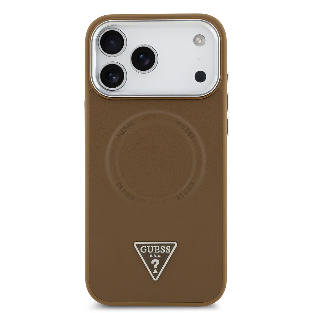 Apple iPhone 17 Pro Max Kılıf Guess M-safe Şarj Özellikli PU Deri Metal Kamera Çerçeveli Üçgen Logolu Kapak Kahverengi