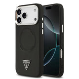 Apple iPhone 17 Pro Max Kılıf Guess M-safe Şarj Özellikli PU Deri Metal Kamera Çerçeveli Üçgen Logolu Kapak Siyah
