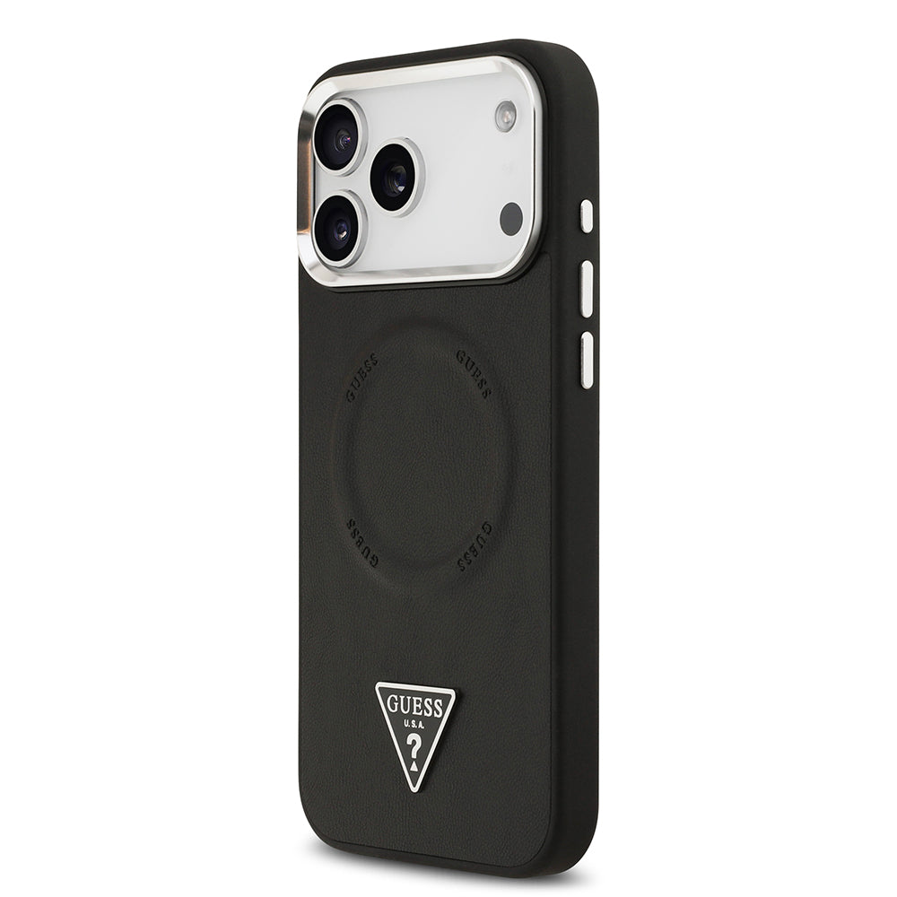 Apple iPhone 17 Pro Max Kılıf Guess M-safe Şarj Özellikli PU Deri Metal Kamera Çerçeveli Üçgen Logolu Kapak Siyah