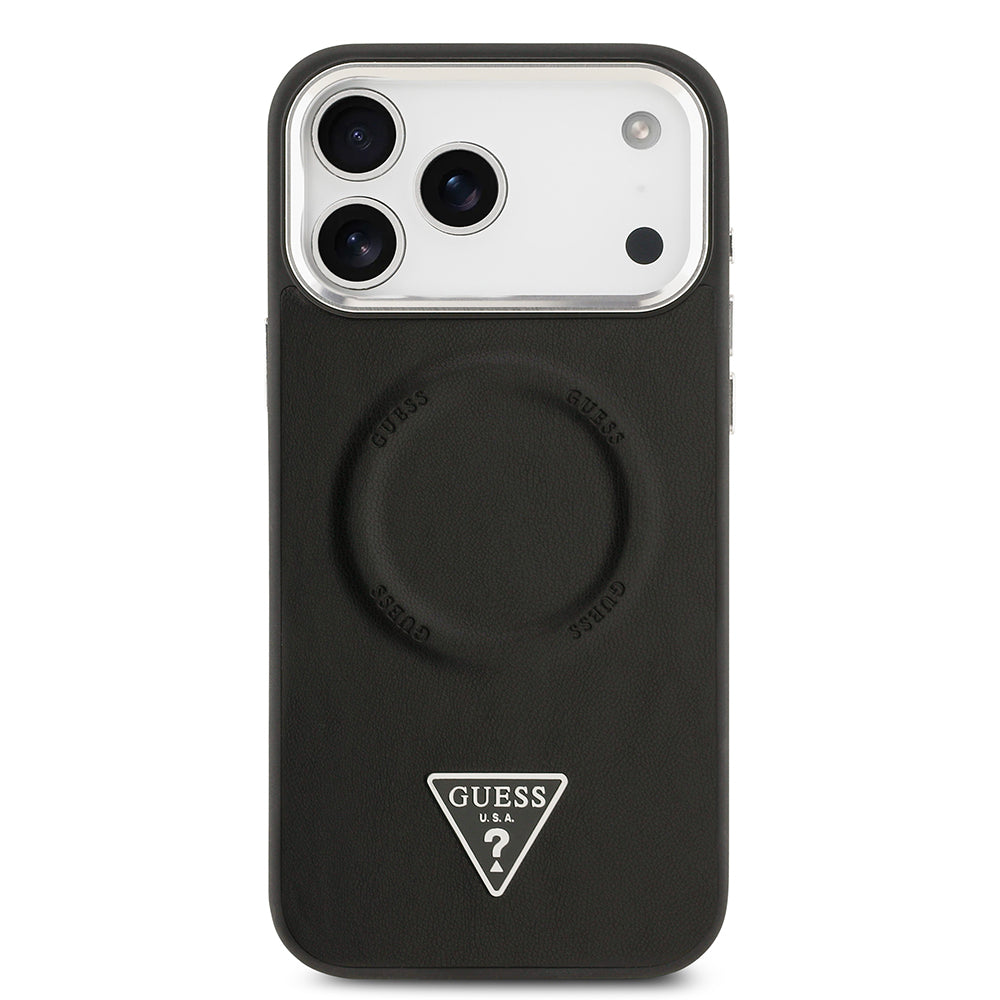 Apple iPhone 17 Pro Max Kılıf Guess M-safe Şarj Özellikli PU Deri Metal Kamera Çerçeveli Üçgen Logolu Kapak Siyah