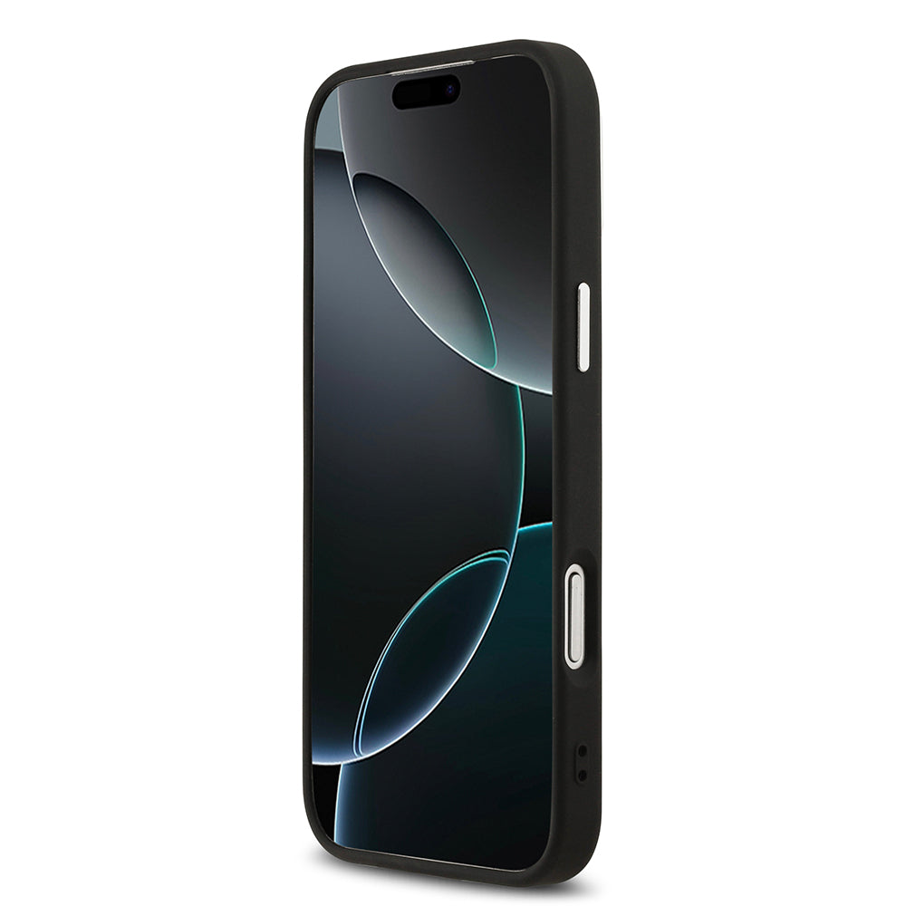 Apple iPhone 17 Pro Max Kılıf Guess M-safe Şarj Özellikli PU Deri Metal Kamera Çerçeveli Üçgen Logolu Kapak Siyah