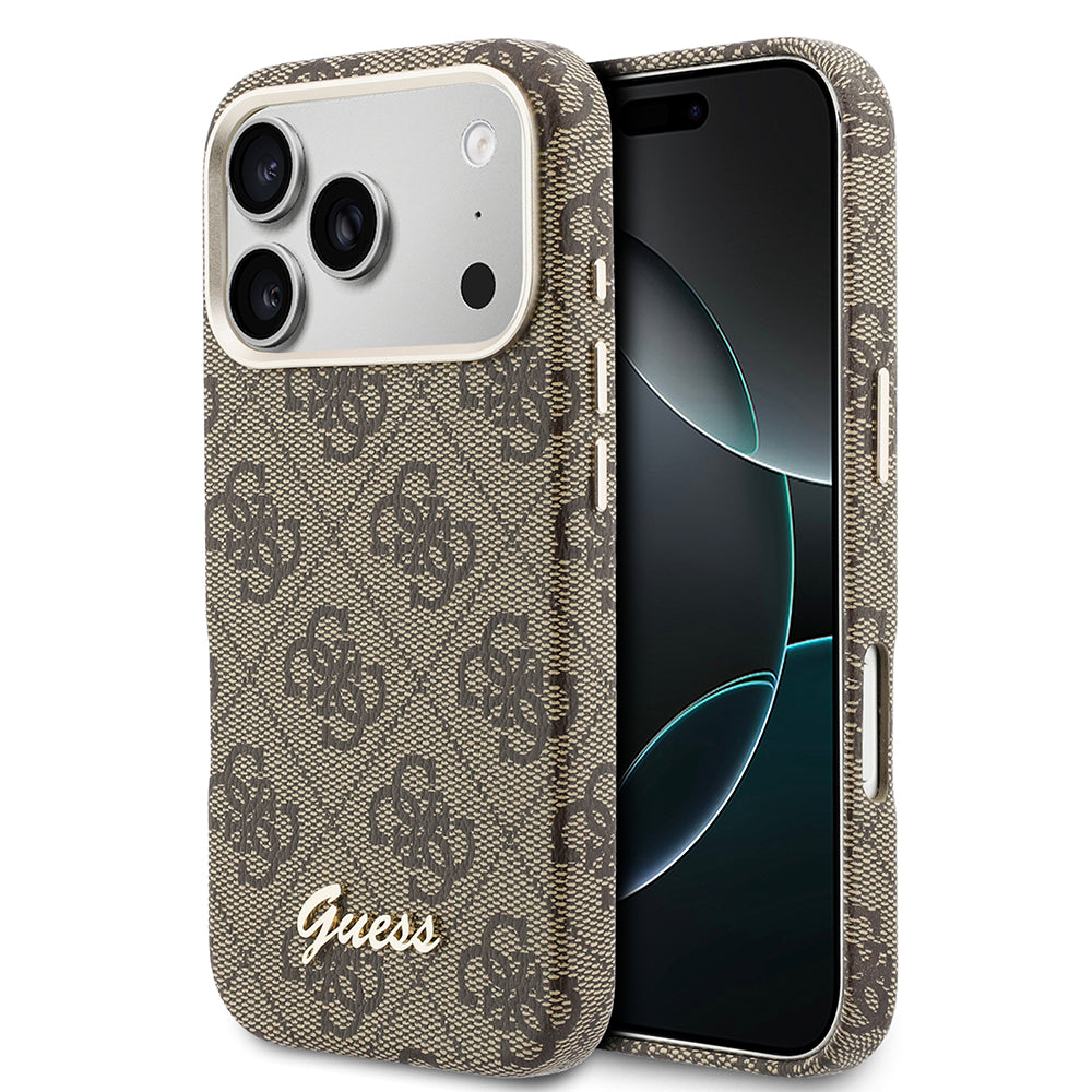 Apple iPhone 17 Pro Max Kılıf Guess M-safe Şarj Özellikli Script Yazı Logolu 4G Desenli Kapak Kahverengi