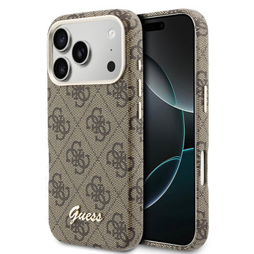 Apple iPhone 17 Pro Max Kılıf Guess M-safe Şarj Özellikli Script Yazı Logolu 4G Desenli Kapak Kahverengi