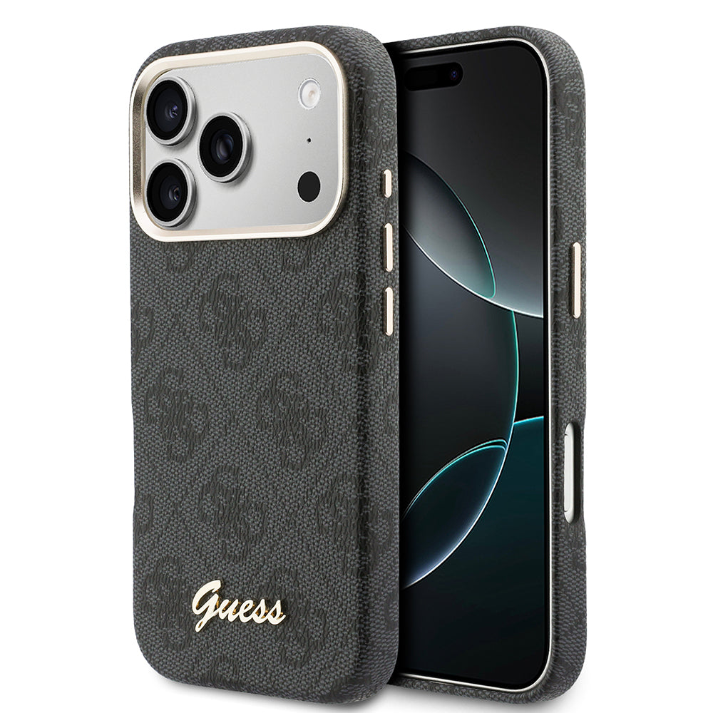 Apple iPhone 17 Pro Max Kılıf Guess M-safe Şarj Özellikli Script Yazı Logolu 4G Desenli Kapak Siyah