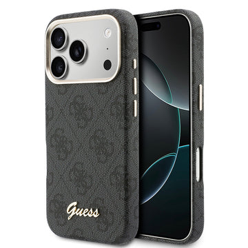 Apple iPhone 17 Pro Max Kılıf Guess M-safe Şarj Özellikli Script Yazı Logolu 4G Desenli Kapak Siyah